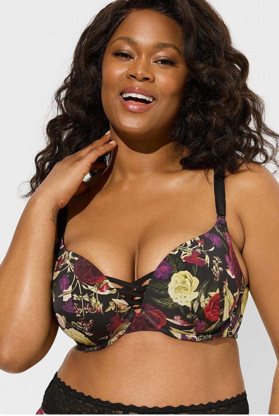 Torrid XO Plunge Push Up Back Smoothing Bra Womens 44C Forest Floral Rich Black